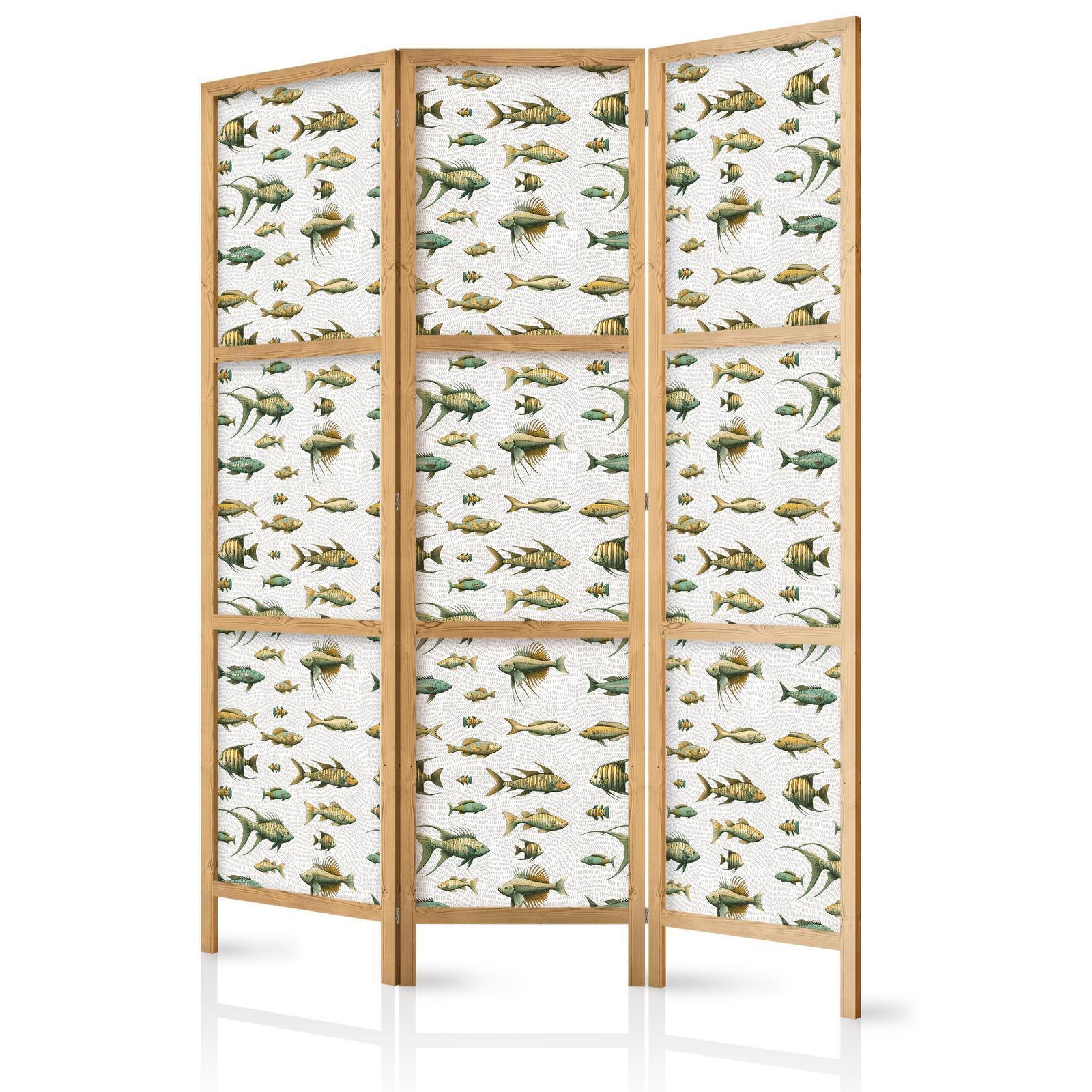 Japanischer Paravent - Unusual Species of Fish - Cluster of Fish in Muted Retro Style on a Background of Beige Lines Artgeist