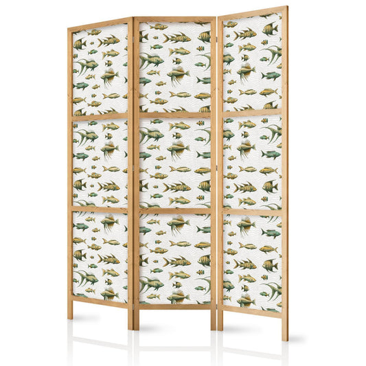 Japanischer Paravent - Unusual Species of Fish - Cluster of Fish in Muted Retro Style on a Background of Beige Lines Artgeist