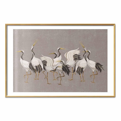 Poster - Crane Dance - light bird silhouettes on a warm-gray textured background