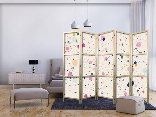Japanischer Paravent - Dots - Spots and Splashes Multicolored - Cheerful Pattern on a Light Pink Background Artgeist