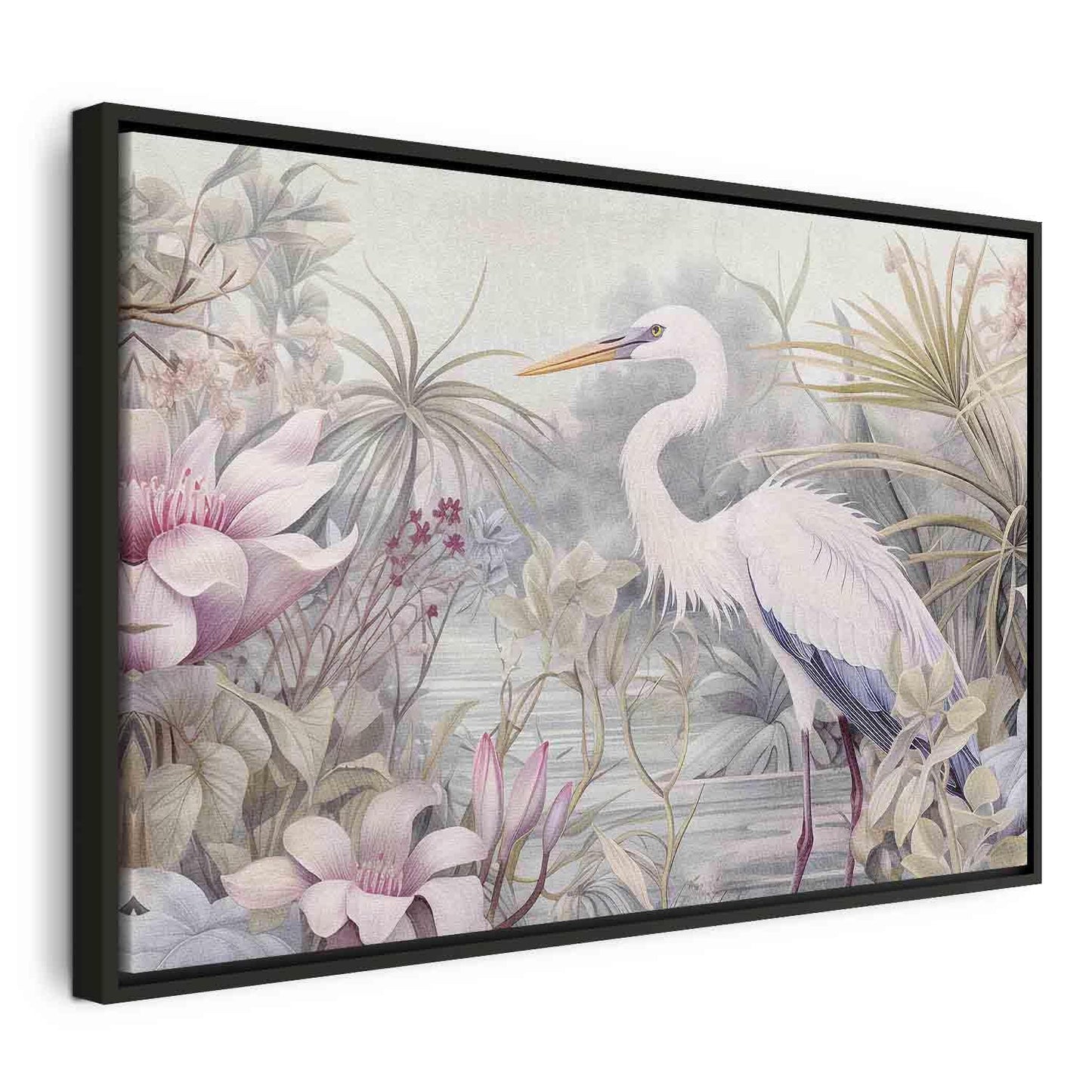 Leinwandbild - Heron wading in a pond - illustration in bright colours