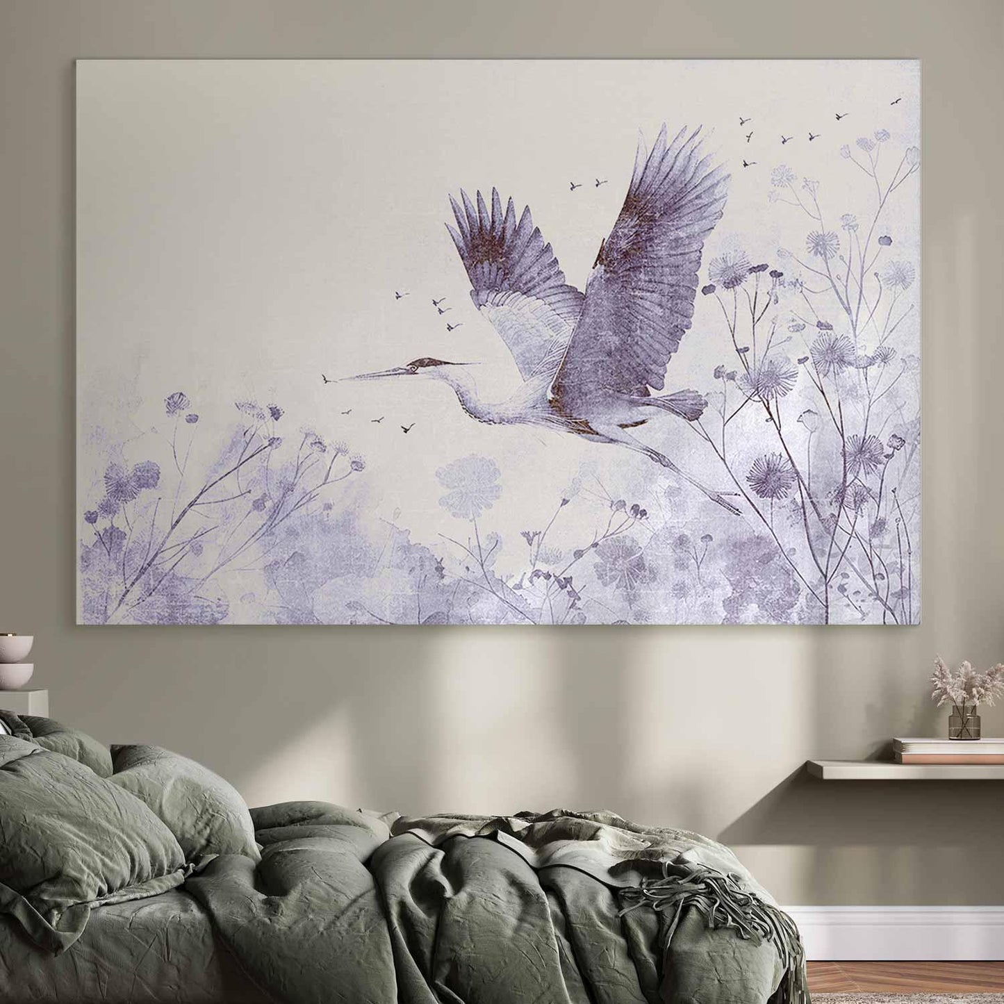 Wandbild XXL - Majestic flight - a crane in flight in monochrome