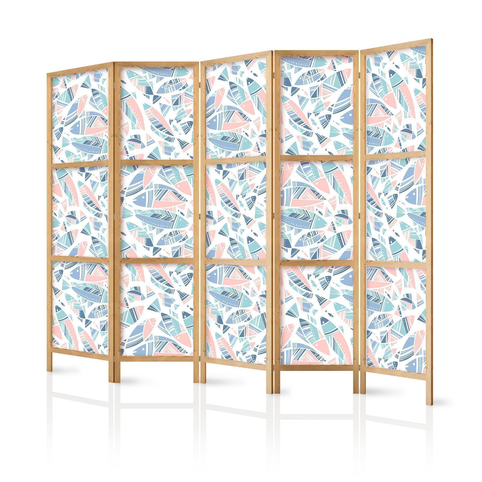 Japanischer Paravent - Fish in Minimalist Style - Fishes in Aztec Style in Pastel Color Tones on a White Background Artgeist