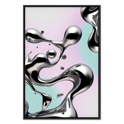 Leinwandbild - Metallic Fluidity - Abstract Silver Forms on a Mint-Purple Background