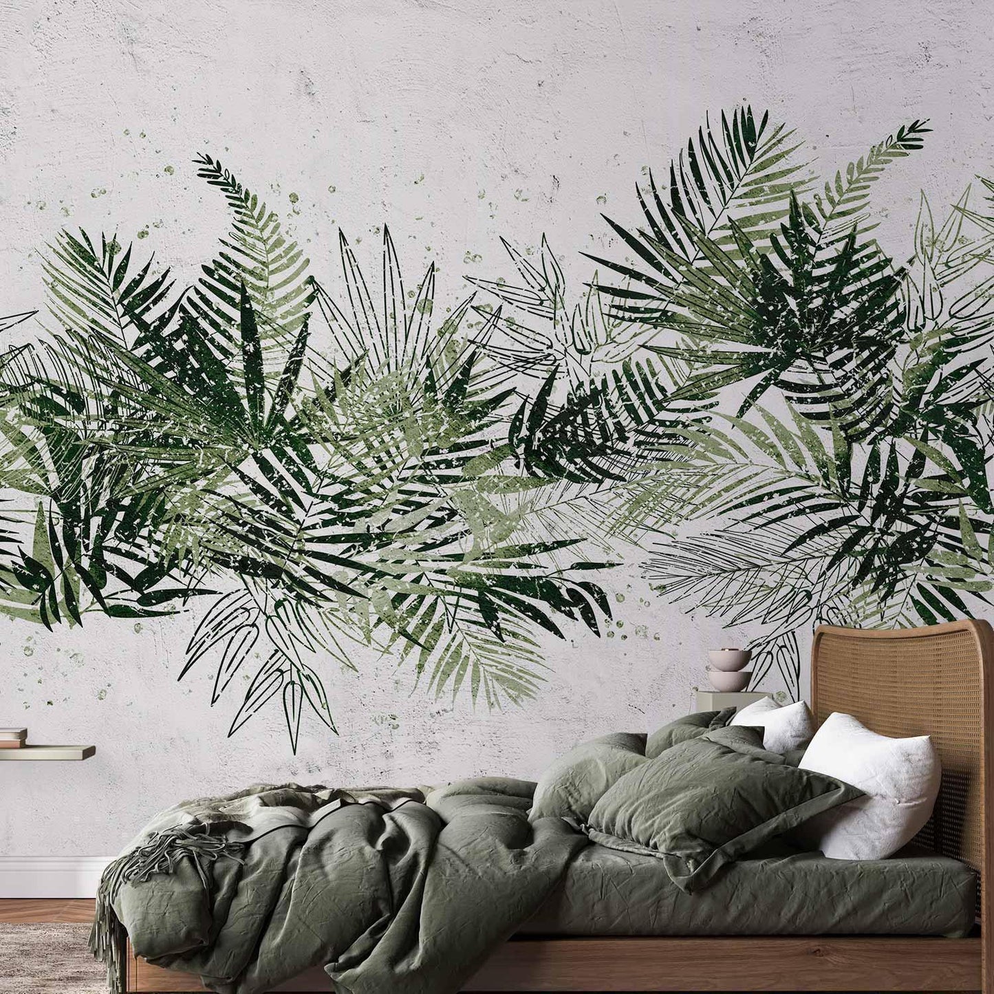Fototapete - Jungle and green plume - large tropical leaves on a white background