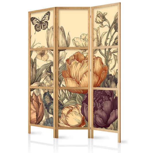 Japanischer Paravent - Tulips in Cream - Illustration of Flowers and Butterflies on a Light Background Artgeist