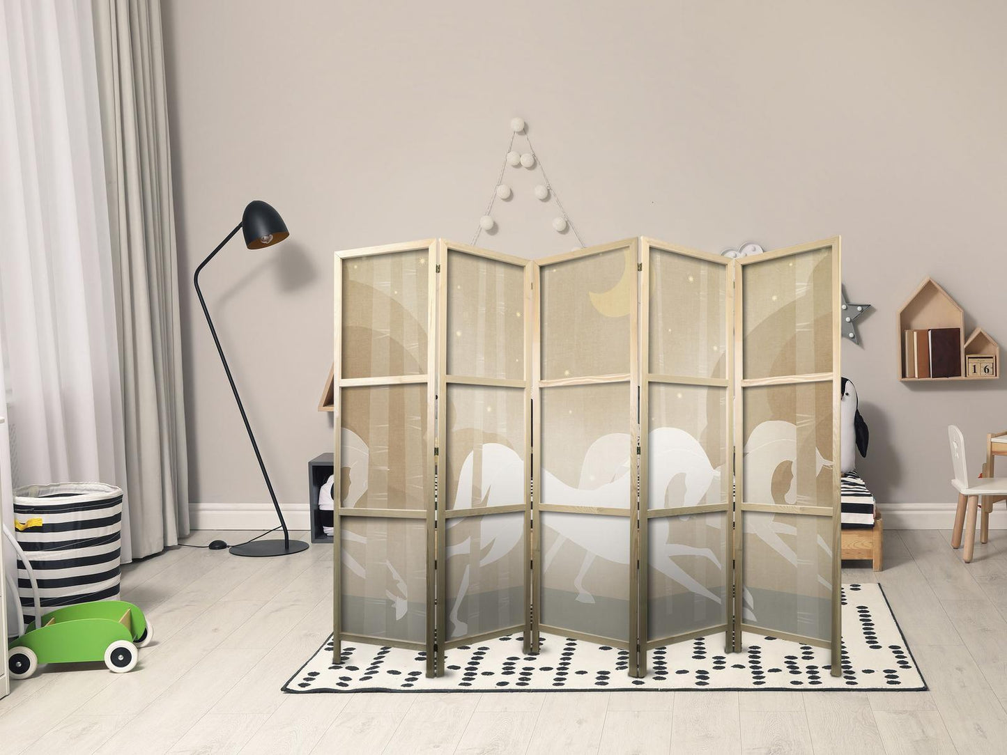 Japanischer Paravent - Moonlit Steeds - Horses galloping among trees on a starry night