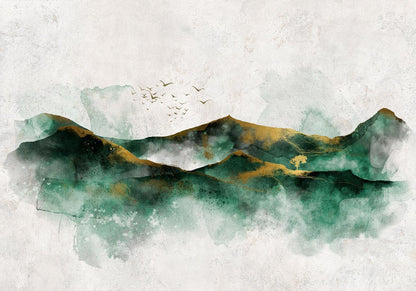Fototapete - Abstract landscape - green mountains with golden patterns and birds Artgeist