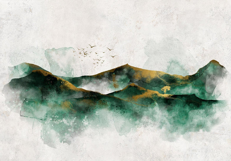 Fototapete - Abstract landscape - green mountains with golden patterns and birds Artgeist