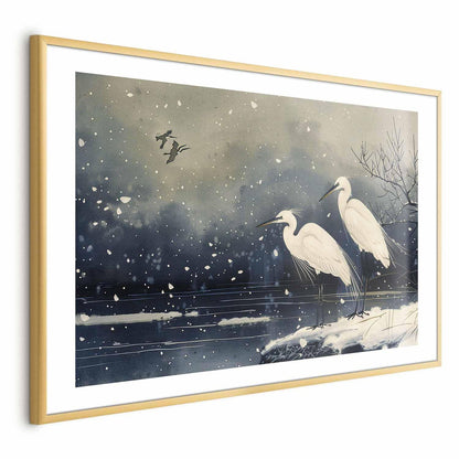 Poster - Herons over a Winter Pond - illustration in the Japanese style in dark colors Artgeist