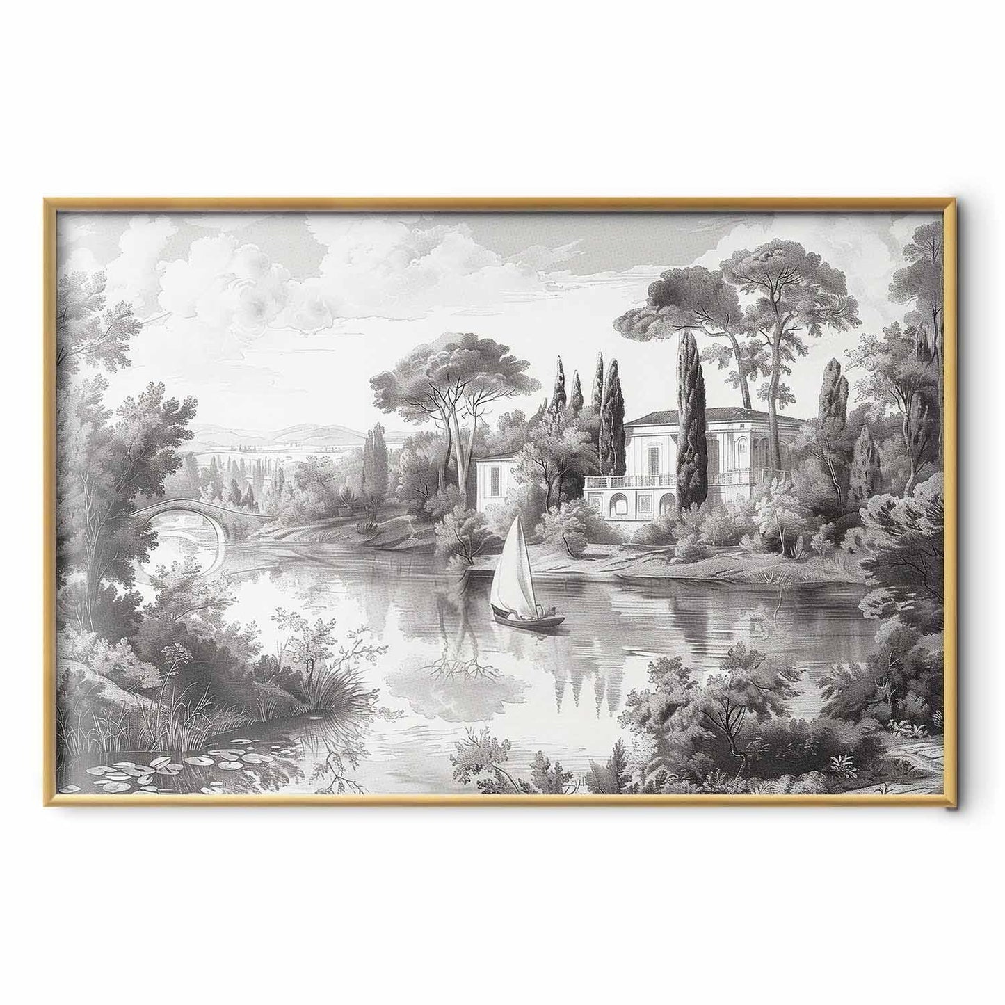 Poster - Black-and-White Vintage Landscape with a Pond