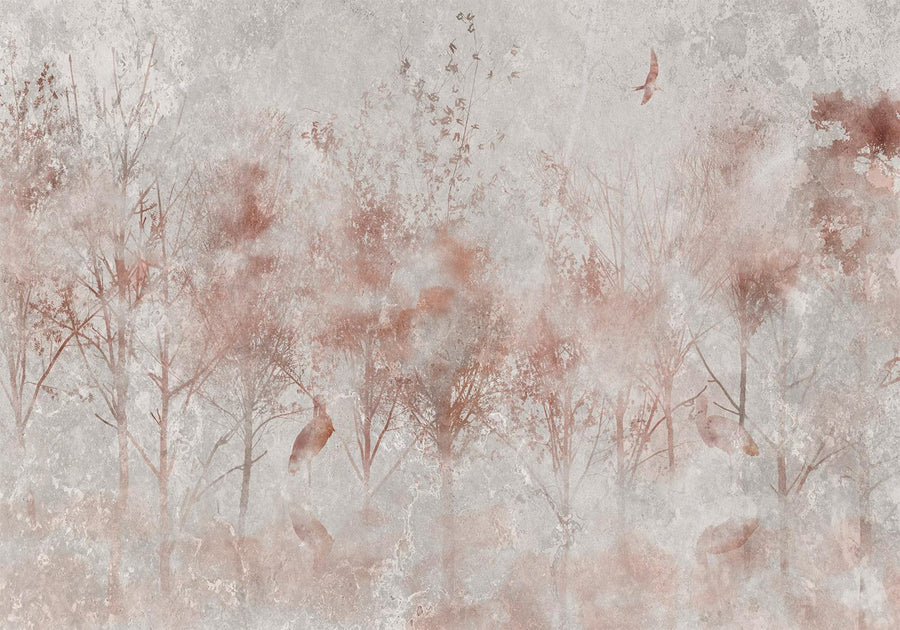 Fototapete - Herbstlandschaft - abstrakt mit Bäumen und Vögeln auf strukturiertem Hintergrund