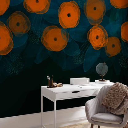 Fototapete - Watercolour composition - orange patterns on a delicate leaf background