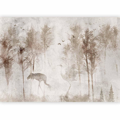 Fototapete - Among the trees - landscape in grey tones in fog in a clearing with birds