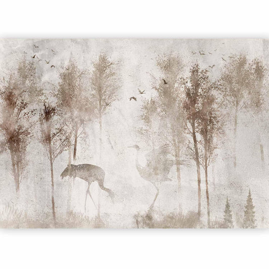 Fototapete - Among the trees - landscape in grey tones in fog in a clearing with birds