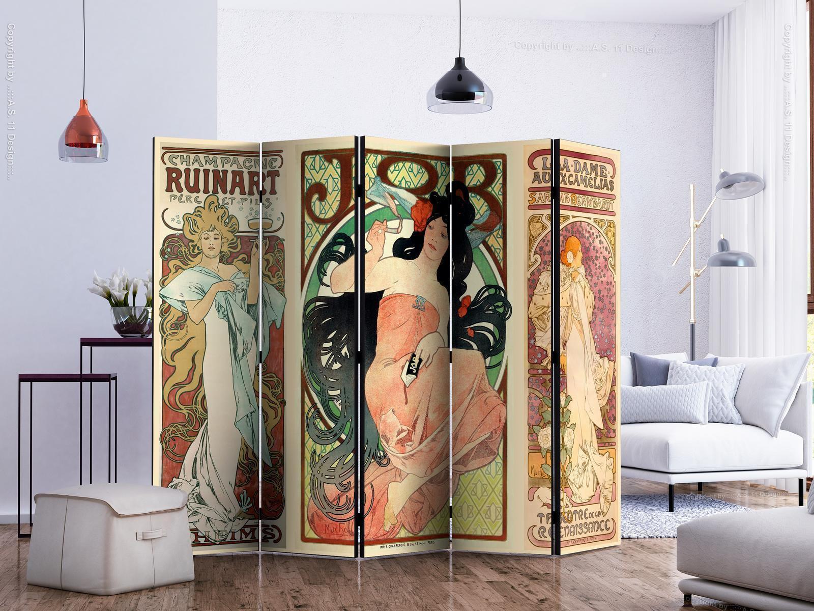 Art Nouveau room divider featuring Alphonse Mucha's "Women's II" design, showcasing elegant decorative aesthetics.