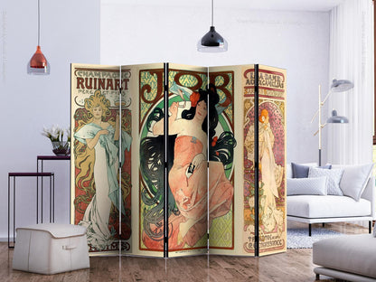 Art Nouveau room divider featuring Alphonse Mucha's "Women's II" design, showcasing elegant decorative aesthetics.
