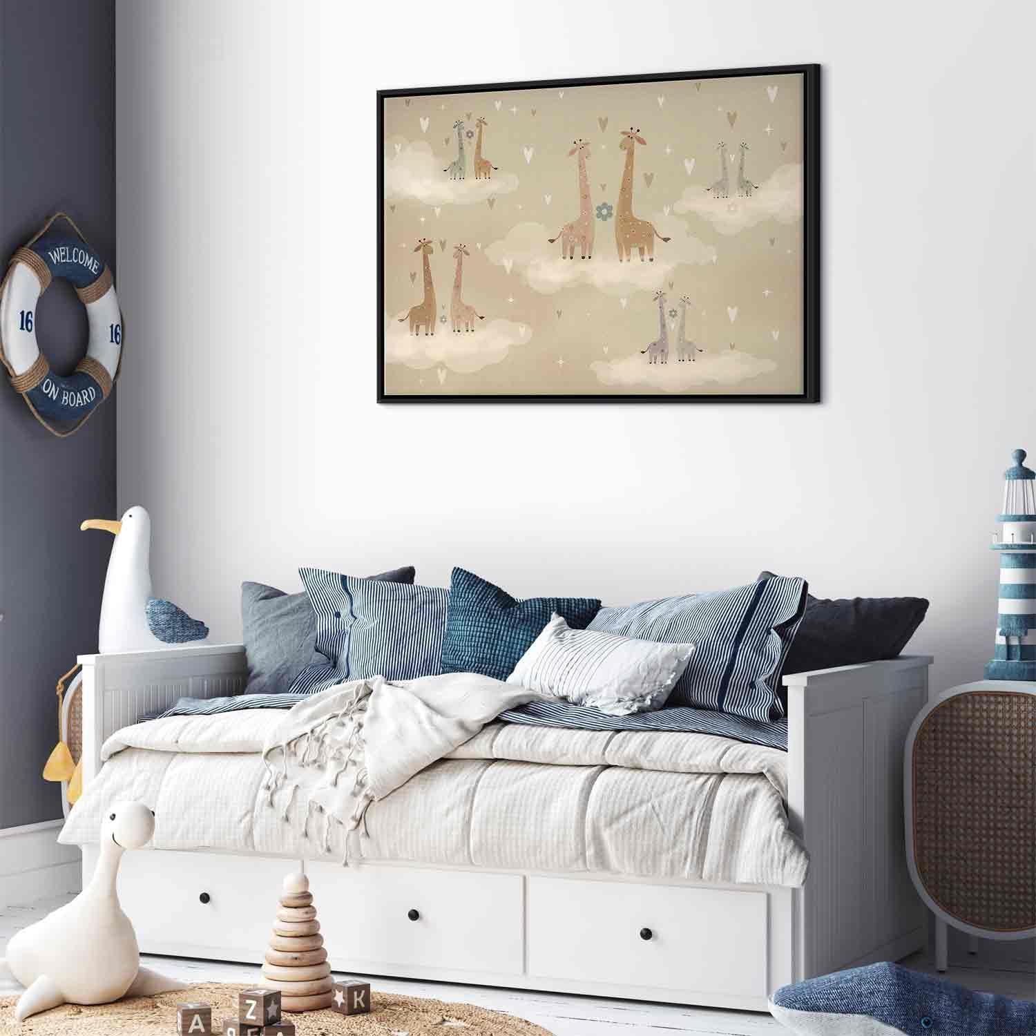 Leinwandbild - Love - Colorful Giraffes Floating on Clouds Among Hearts and Stars Artgeist