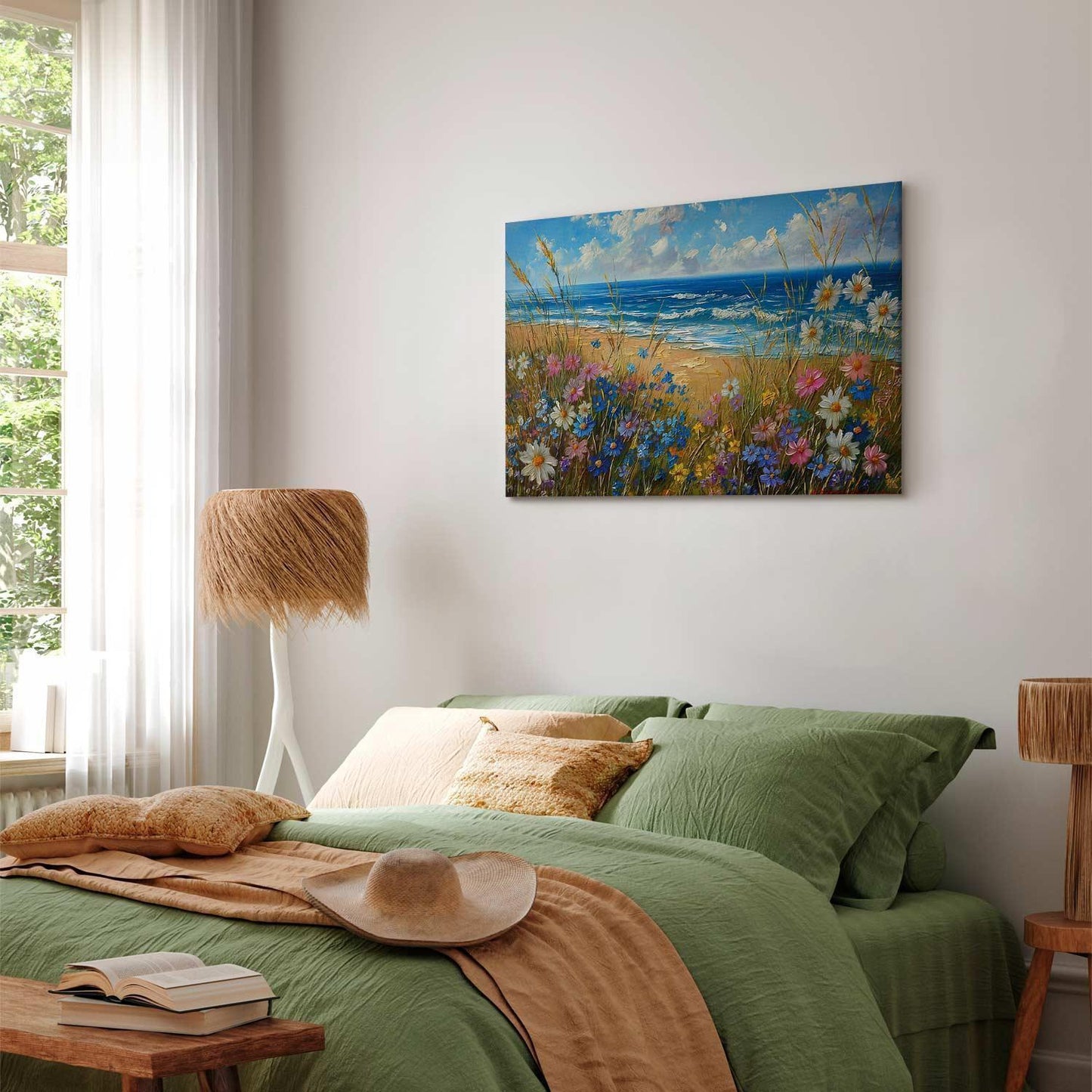 Leinwandbild - Seascape – wildflowers and a view of the rough sea