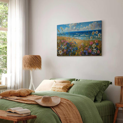 Leinwandbild - Seascape – wildflowers and a view of the rough sea