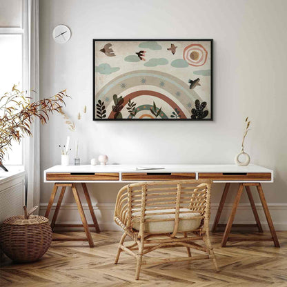 Leinwandbild - Rainbow and Sun Above - Birds in Subdued Colors Flying Among Clouds Above a Rainbow and Various Plants on a Light Background