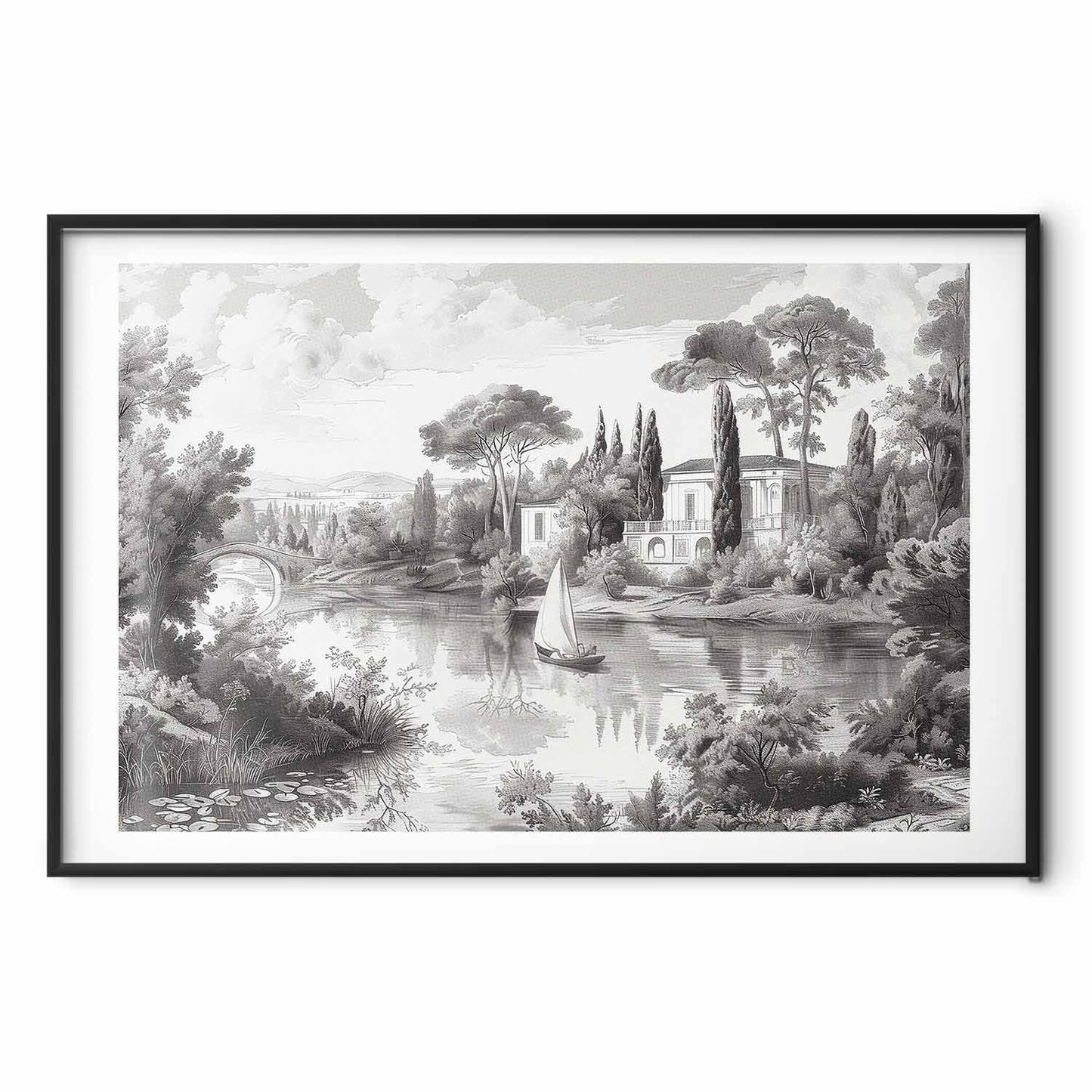 Poster - Black-and-White Vintage Landscape with a Pond