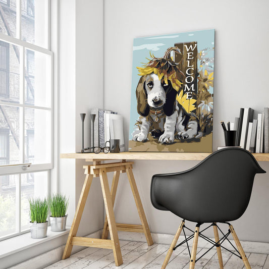 Hund mit Sonnenblumen Wandbild zum Ausmalen - Sonniges Hunde-Motiv mit nummerierten Feldern für entspannende Kreativität