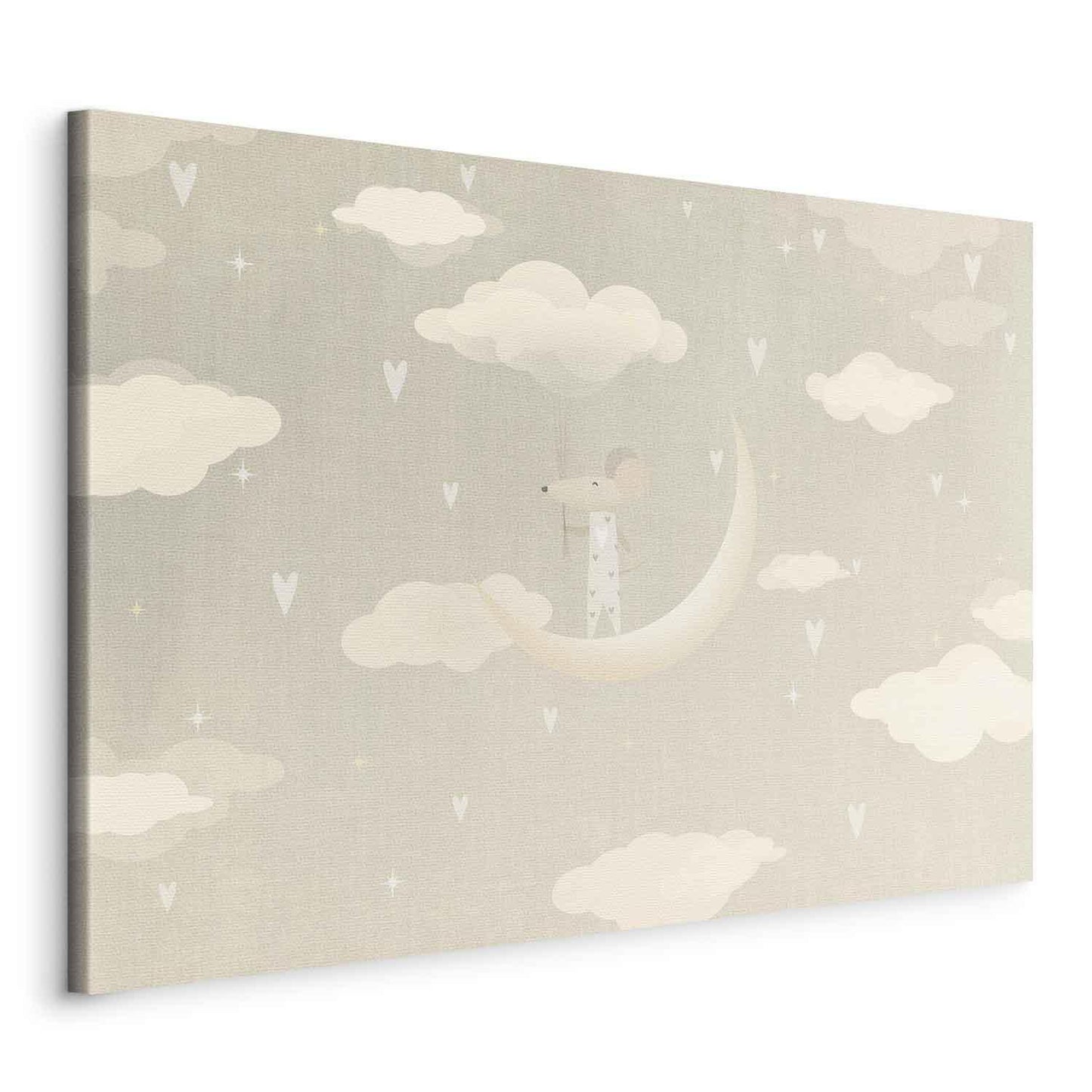 Leinwandbild - Little Conqueror - A Mouse in Heart Pajamas on the Moon Among Clouds Artgeist