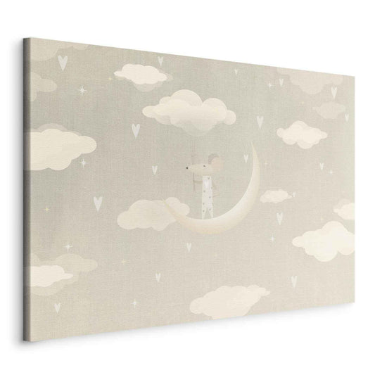 Leinwandbild - Little Conqueror - A Mouse in Heart Pajamas on the Moon Among Clouds Artgeist