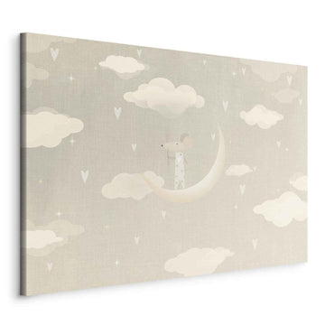 Leinwandbild - Little Conqueror - A Mouse in Heart Pajamas on the Moon Among Clouds Artgeist