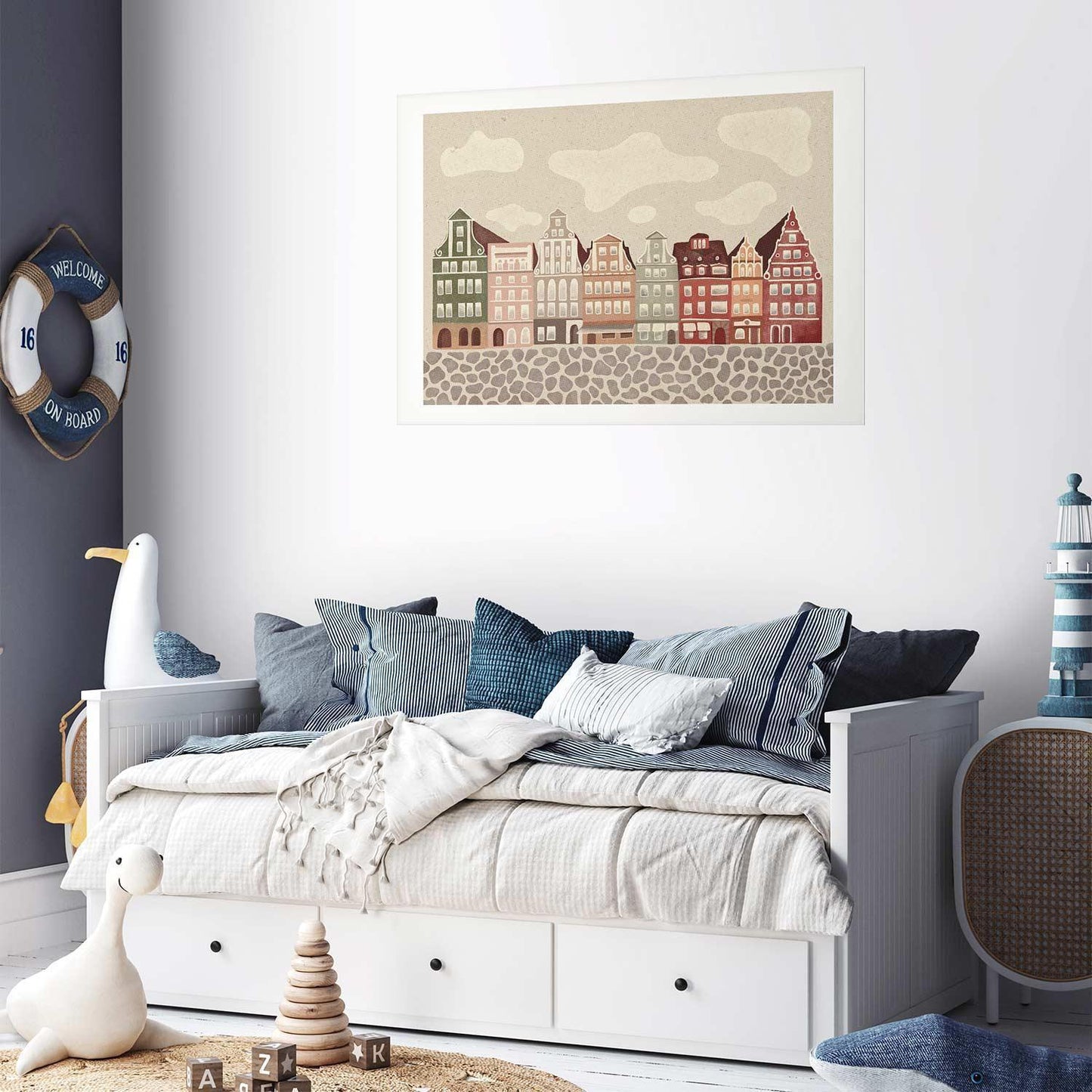 Poster of colorful facades of historic Wrocław tenement houses against the sky and cobblestone street, home decor.