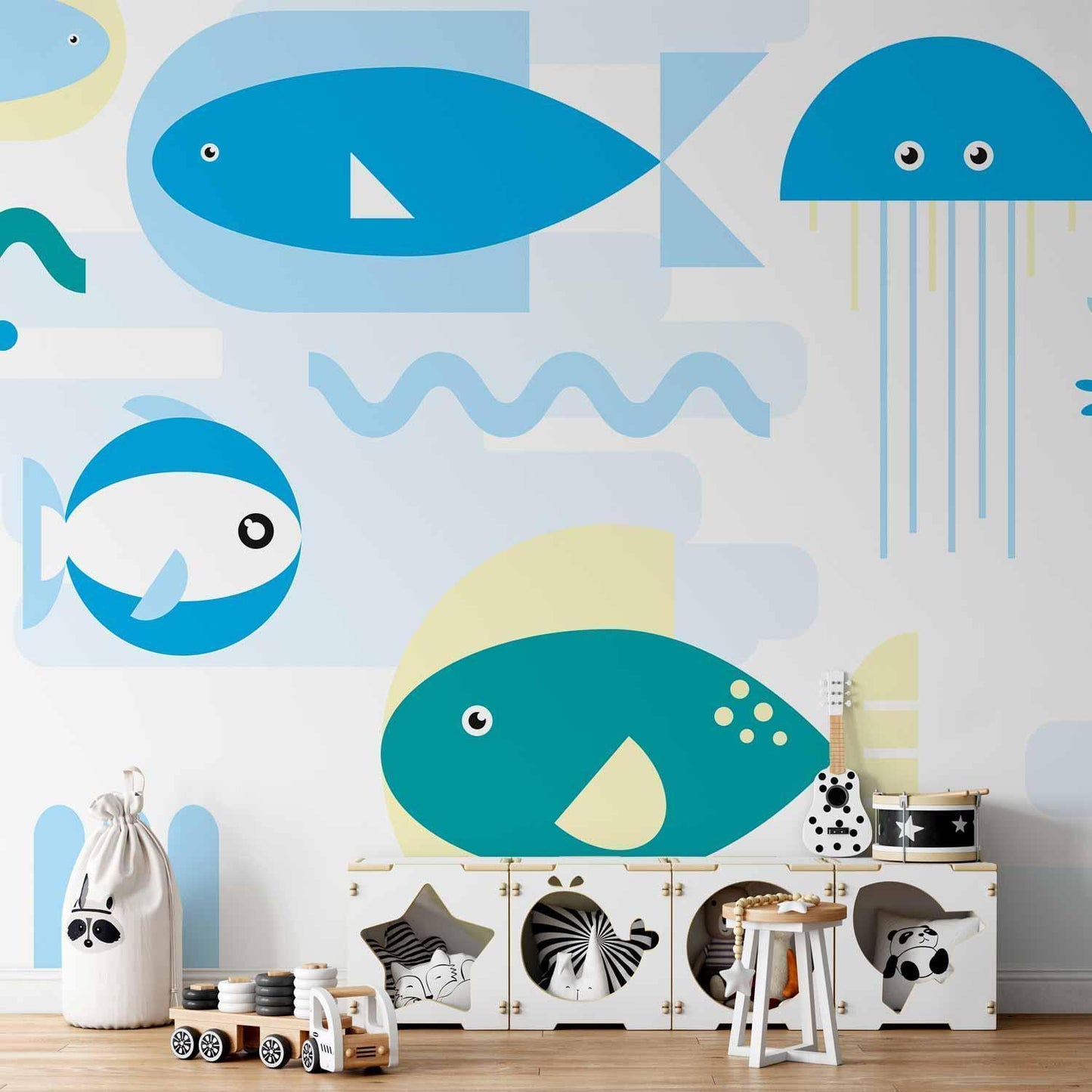 Fototapete - Animals in the sea - geometric blue fish in water for kids Artgeist