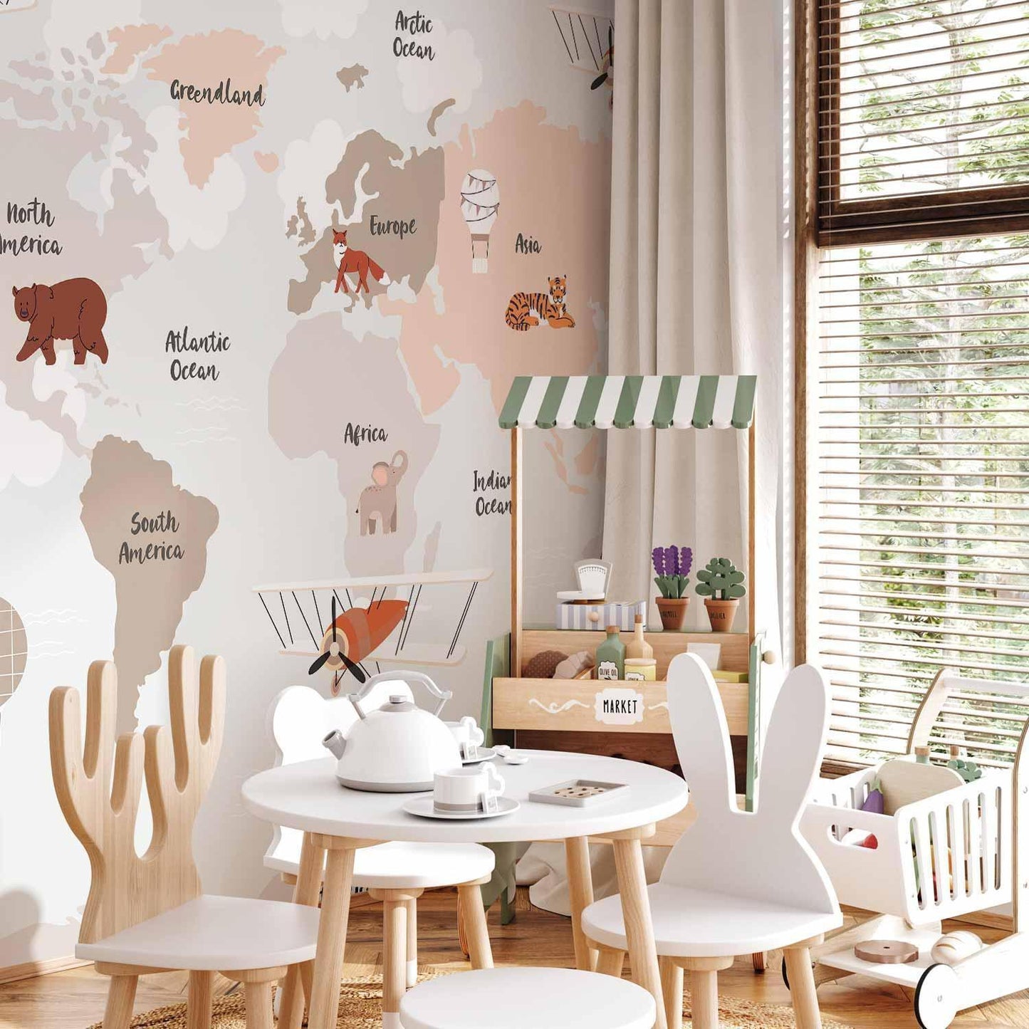 Fototapete - Map in Shades of Beige - Continents With Animals