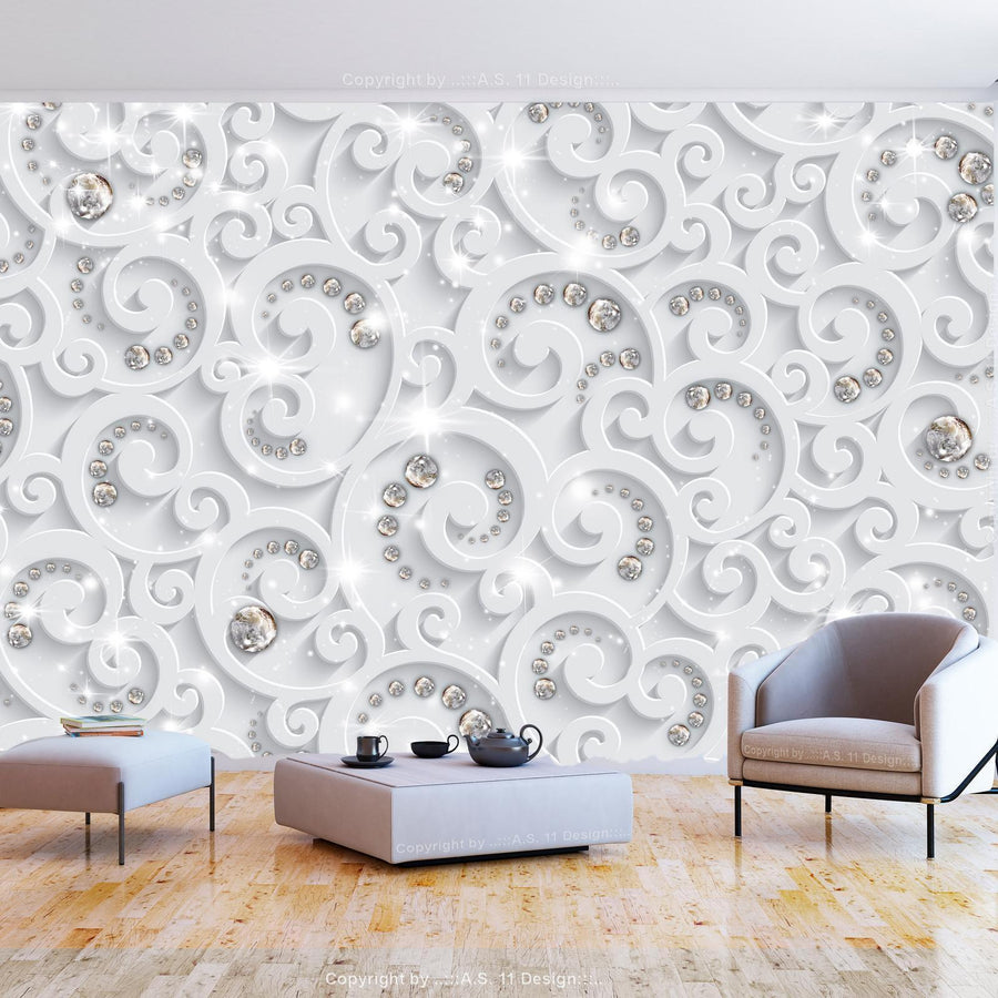 Fototapete Abstrakter Glamour in Weiß und Silber – elegante Wandgestaltung mit Glanzeffekt

