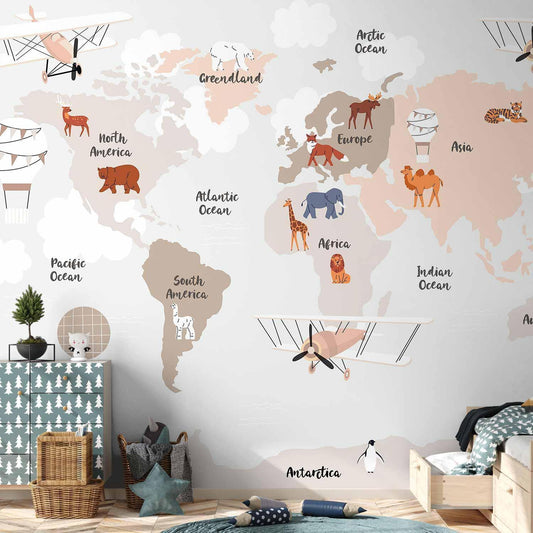 Fototapete - World Map in Beige Tones for Children's Room