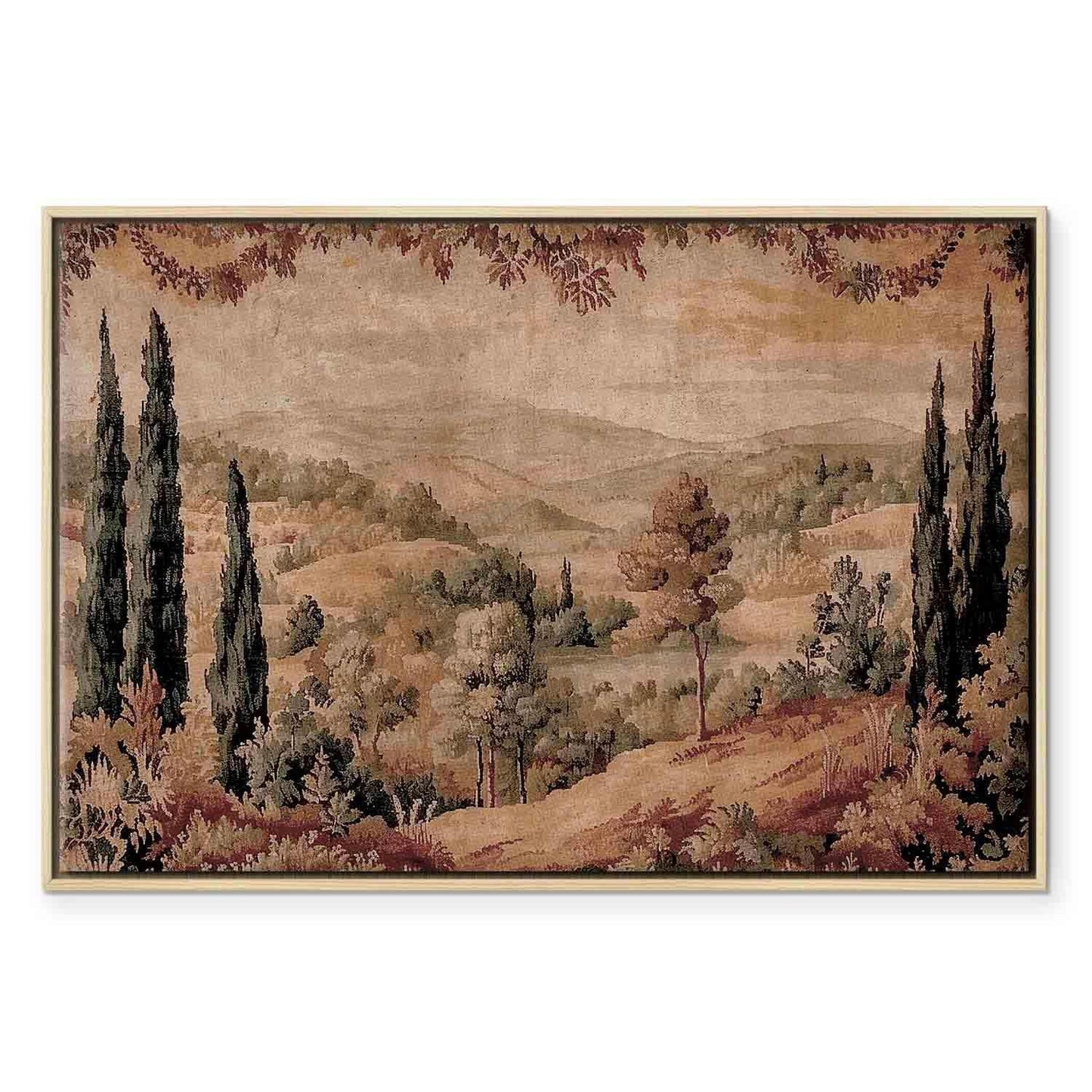 Leinwandbild - Mediterranean landscape - old tapestry with a hill and a lake