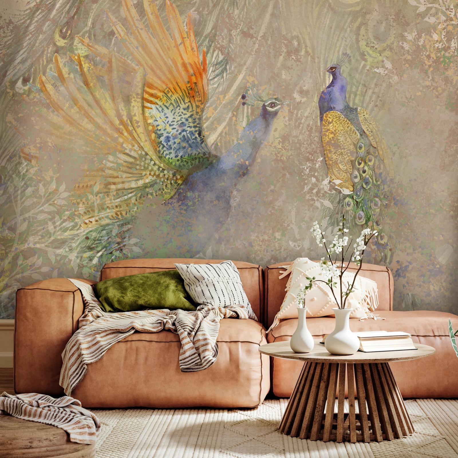 Fototapete - Tanzende-Pfauen | Elegante Pfauen mit kunstvollen Ornamenten Artgeist
