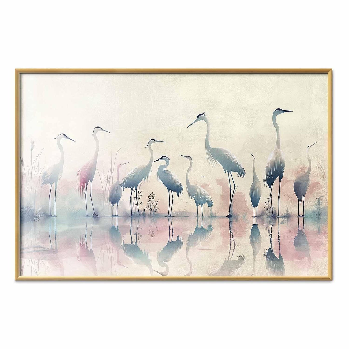 Poster - Birds by the Lake - herons painted in watercolor in a delicate, gray-pink palette