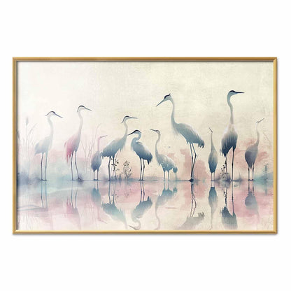 Poster - Birds by the Lake - herons painted in watercolor in a delicate, gray-pink palette