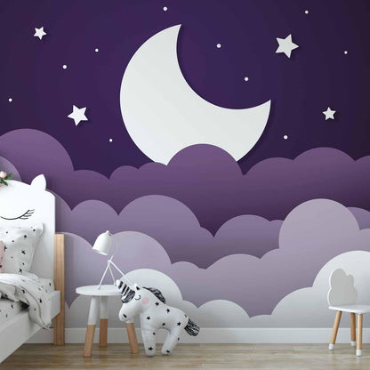 Fototapete - Moon dream - clouds in a purple sky with stars for children