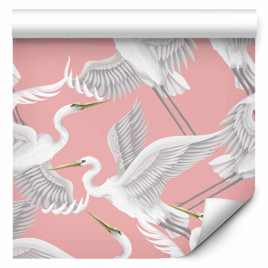 Tapete - Pastel birds – a delicate pattern of white and grey herons on a light pink background