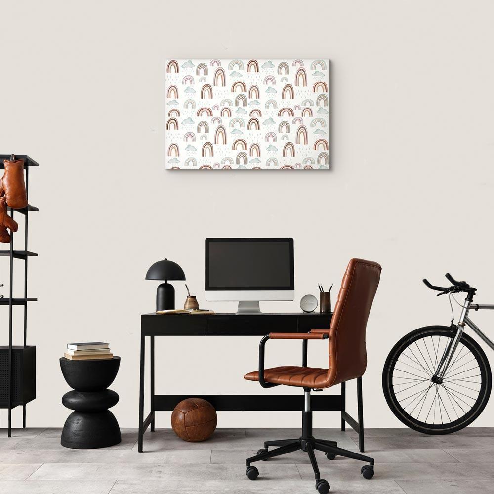 Leinwandbild - Rainbows After the Storm - Rainbows of Various Sizes in Pastel Hues Among Rain Clouds in a Gray-Blue Shade