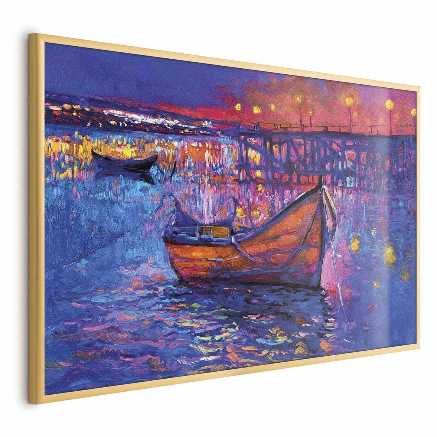 Poster - Modern impressionism - night landscape of a lake with a floating boat