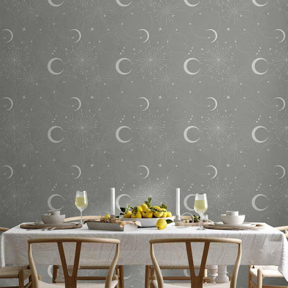 Tapete - Cosmic Fireworks - Elegant pattern with moons and stars on a gray background