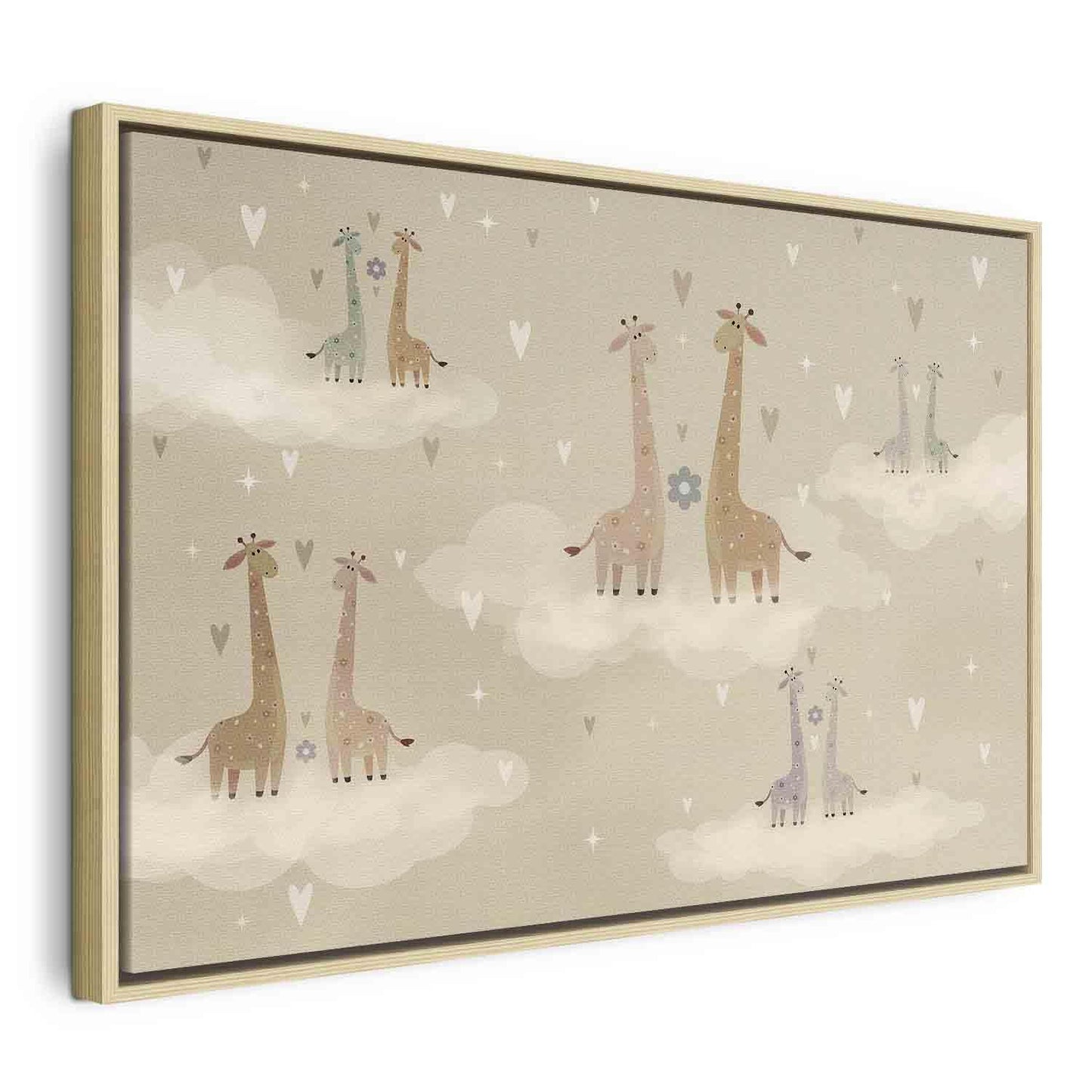 Leinwandbild - Love - Colorful Giraffes Floating on Clouds Among Hearts and Stars