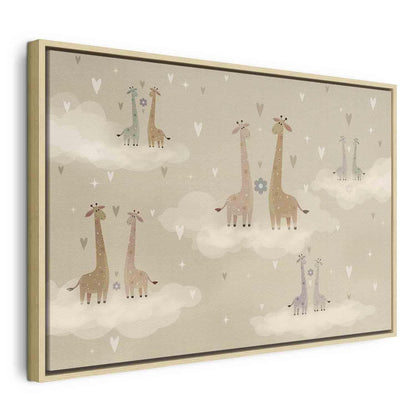 Leinwandbild - Love - Colorful Giraffes Floating on Clouds Among Hearts and Stars