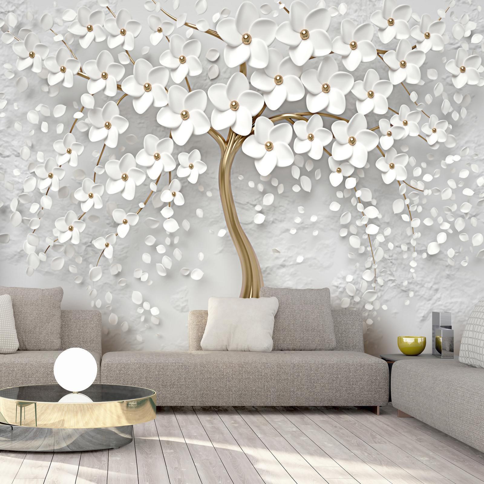 Fototapete Magische Magnolie an Wohnzimmerwand – florales Design mit rosa Blüten Sawelt