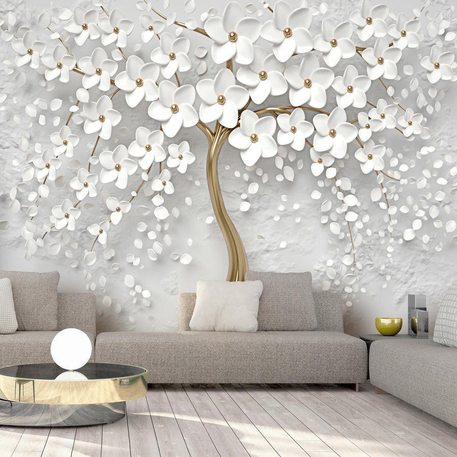 Fototapete Magische Magnolie an Wohnzimmerwand – florales Design mit rosa Blüten Sawelt