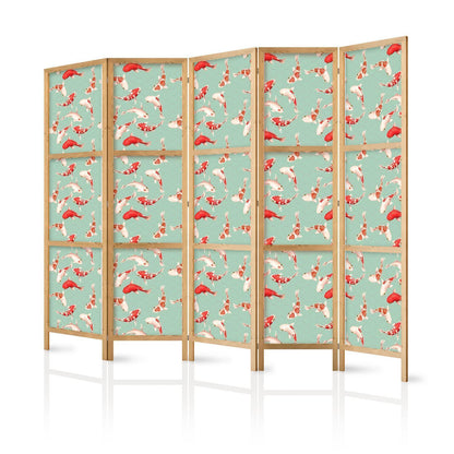 Japanischer Paravent - Fish and Japanese Pattern - Koi Fish in Orange-Cream Colors on a Green-Mint Background with an Oriental Pattern Artgeist