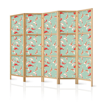 Japanischer Paravent - Fish and Japanese Pattern - Koi Fish in Orange-Cream Colors on a Green-Mint Background with an Oriental Pattern Artgeist
